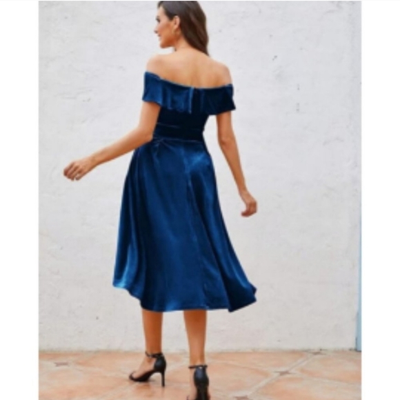 Off Shoulder Cocktail Dress Blue - Picture 2 of 6